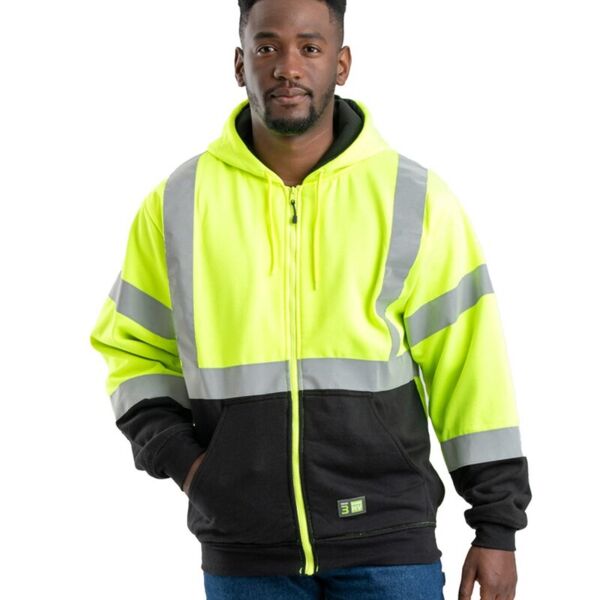 Men's Hi-Vis Class 3 Color Block Full-Zip Hooded Sweatshirt Thumbnail